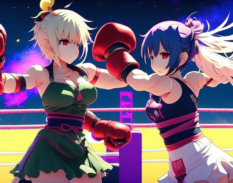 Two female characters in boxing ring with gloves, athletic attire