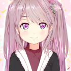 Anime-style girl with purple eyes and silver hair in black and white outfit with pink details