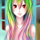 Colorful Rainbow-Haired Character with Pink Eyes and Blush Marks