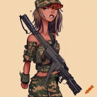 Anime-style Female Character with Red Eyes, Long Hair, Military Uniform, and Assault Rifle