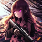 Anime-style Female Character with Long Brown Hair and Red Eyes Holding Gun Under Cherry Blossoms