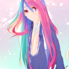 Stylized anime girl with pink and blue hair and golden eyes in a soft pink sky.