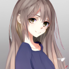 Anime girl with long wavy hair and blushing cheeks in school uniform.