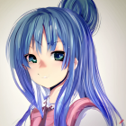 Blue-haired anime girl with star-adorned hair, big blue eyes, scarf, and crown hair