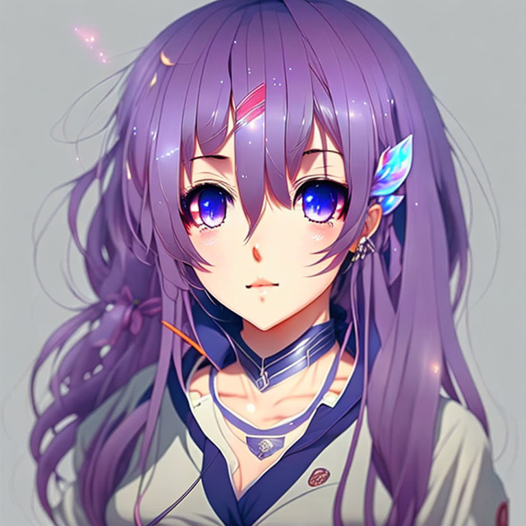 Digital Artwork: Girl with Purple Hair and Blue Eyes, Glowing Butterfly