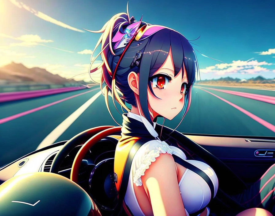 Colorful-haired animated character drives on highway at sunset