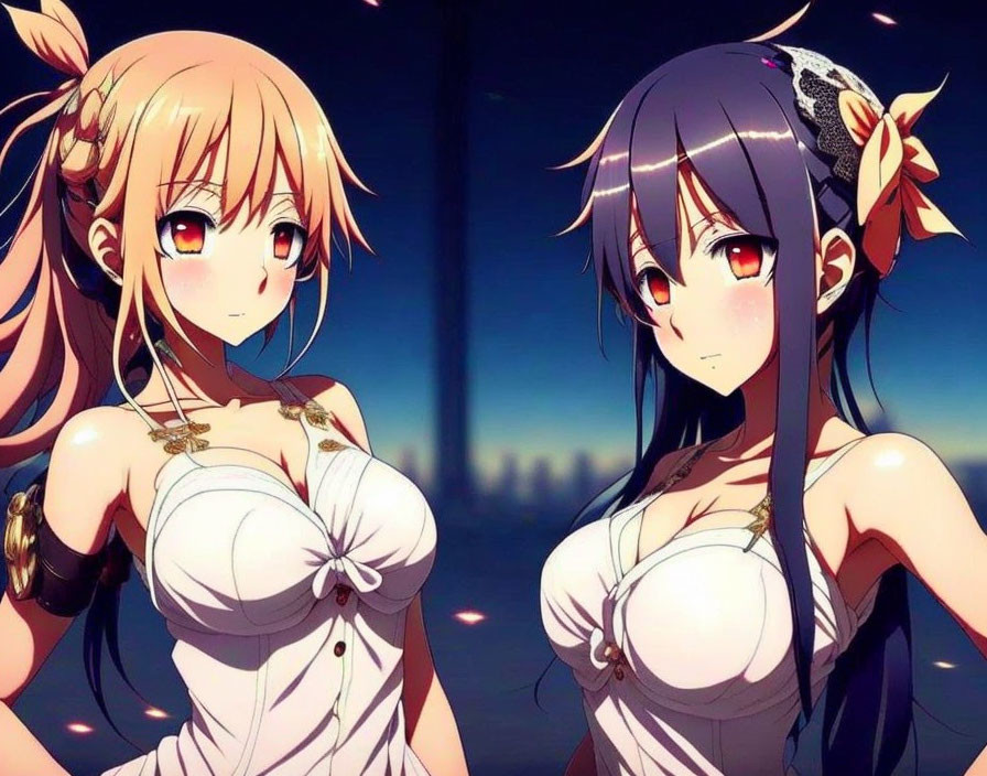 Two anime-style girls with ornate hair accessories in front of a night cityscape