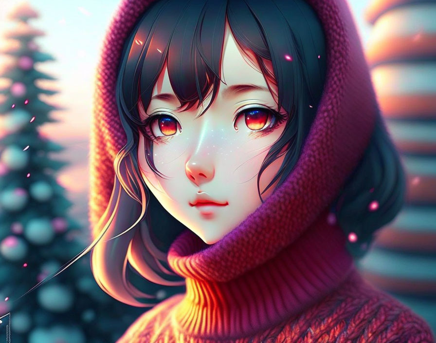 Illustration of girl in red hood and sweater with large, sparkling eyes in snowy winter scene