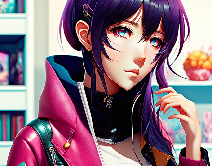 Anime girl with pink eyes & purple hair in pink jacket and choker.