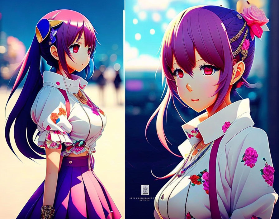 Purple-haired anime girl in white jacket and floral skirt in urban setting