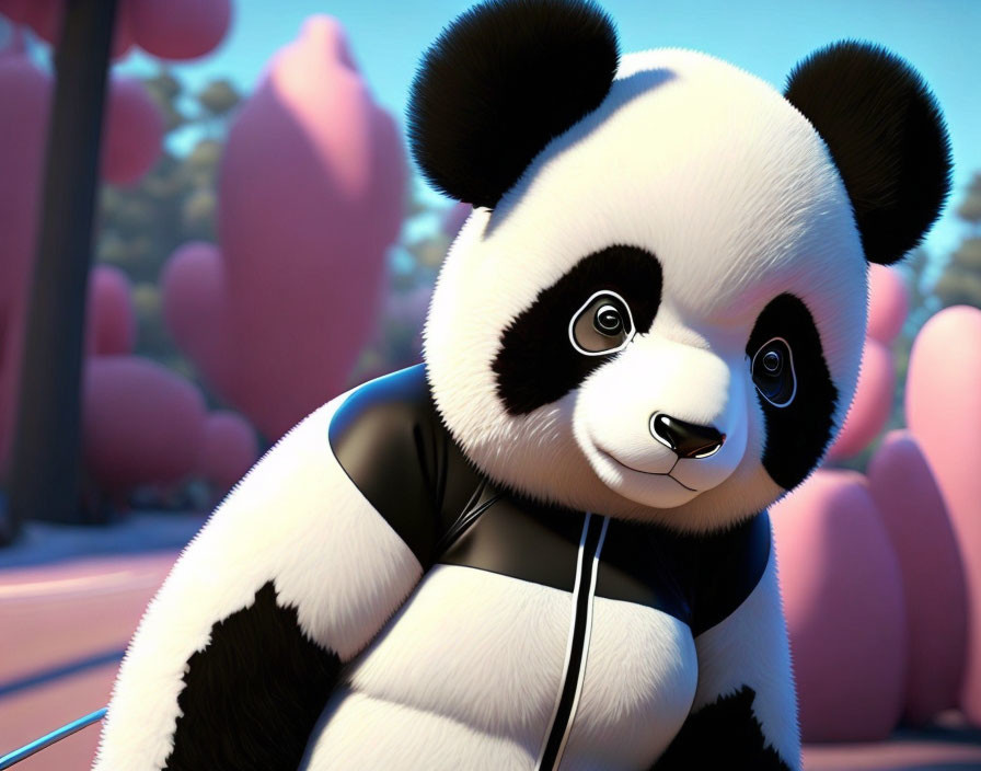 3D-animated panda with black and white fur in colorful setting