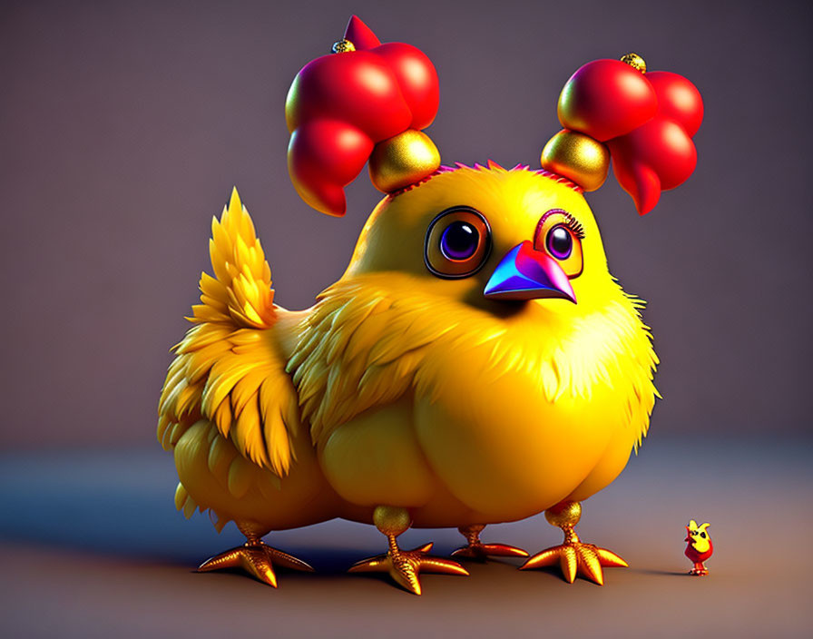 Colorful digital artwork featuring oversized yellow chicken with red combs and miniature version on brown backdrop