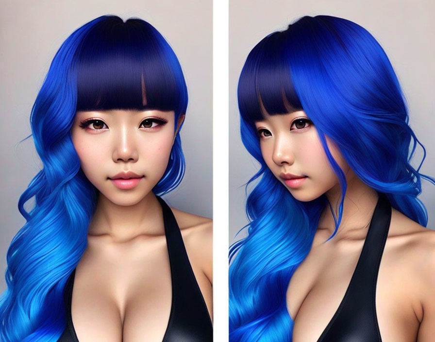 Stylized female figure with vibrant blue hair and black outfit portraits