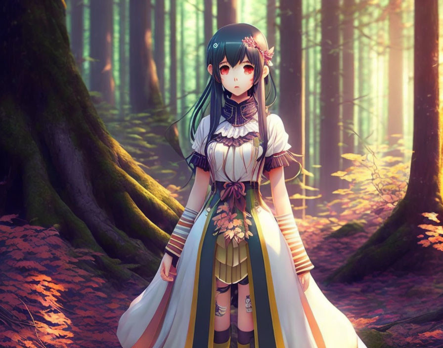 Long-haired anime girl in white and green dress in sunlit forest