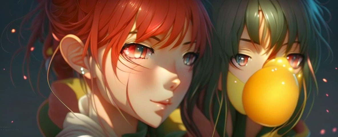 Anime-style girls with colorful eyes and red/green hair sharing a moment with glowing orb.