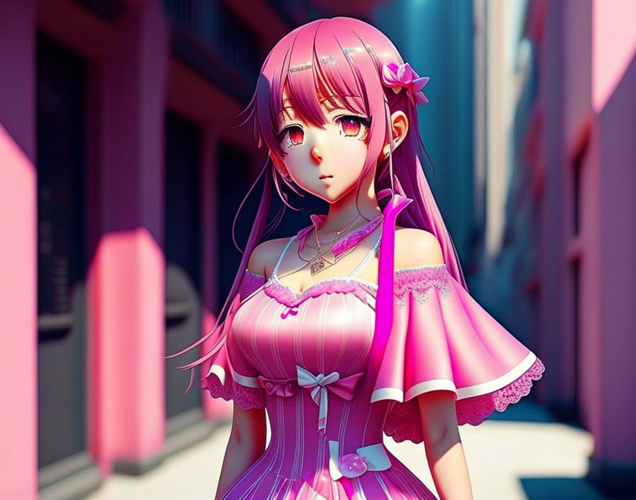 Pink-haired animated character in dress in alleyway with buildings.