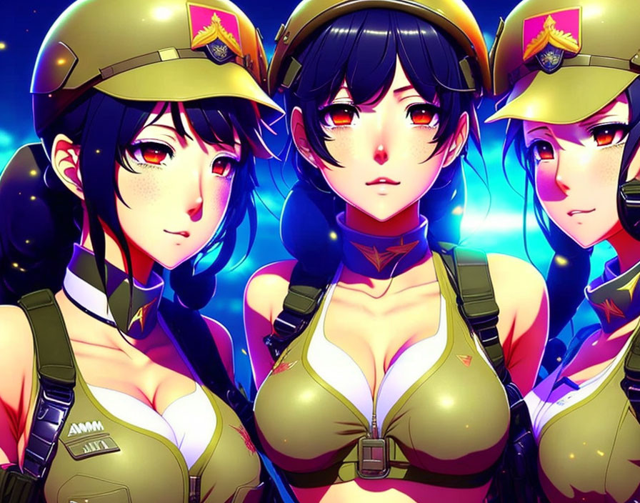 Anime-style female characters in military-themed outfits on shiny blue background