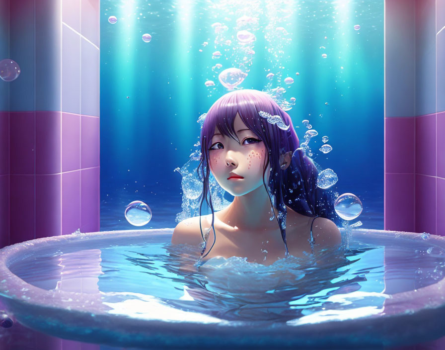 Purple-Haired Female Anime Character in Water Tub with Bubbles