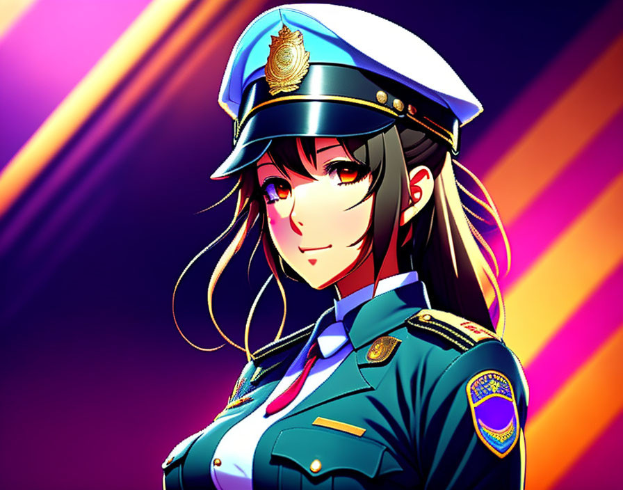 Confident woman in stylized police uniform on vibrant background