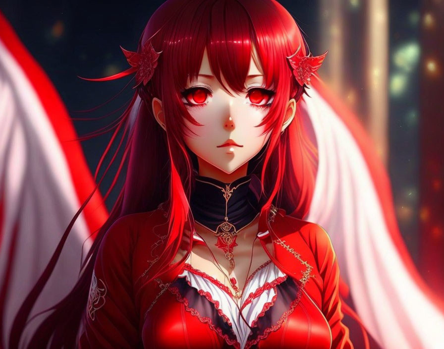 Red-haired anime girl with white wings in detailed red and black outfit on dark background