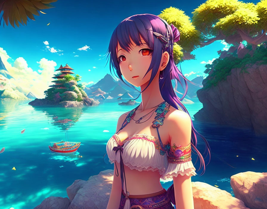 Blue-haired anime girl in coastal landscape with traditional buildings and boat