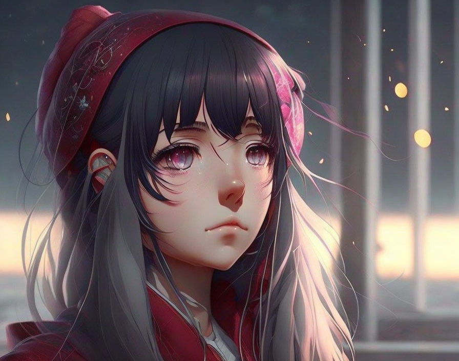 Melancholic anime girl with tearful eyes and red headscarf in sunset scene