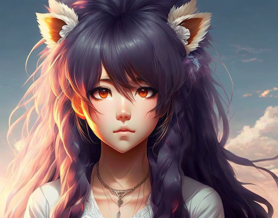 Anime character digital artwork: female with amber eyes, dark hair, purple highlights, and animal ears