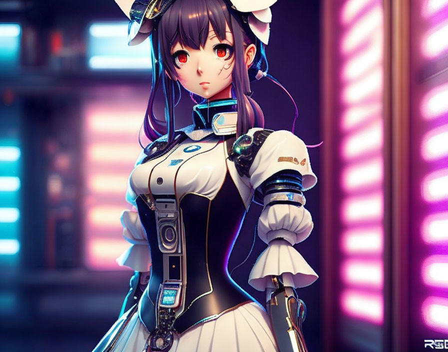 Female robot in maid outfit with neon lights and tech details