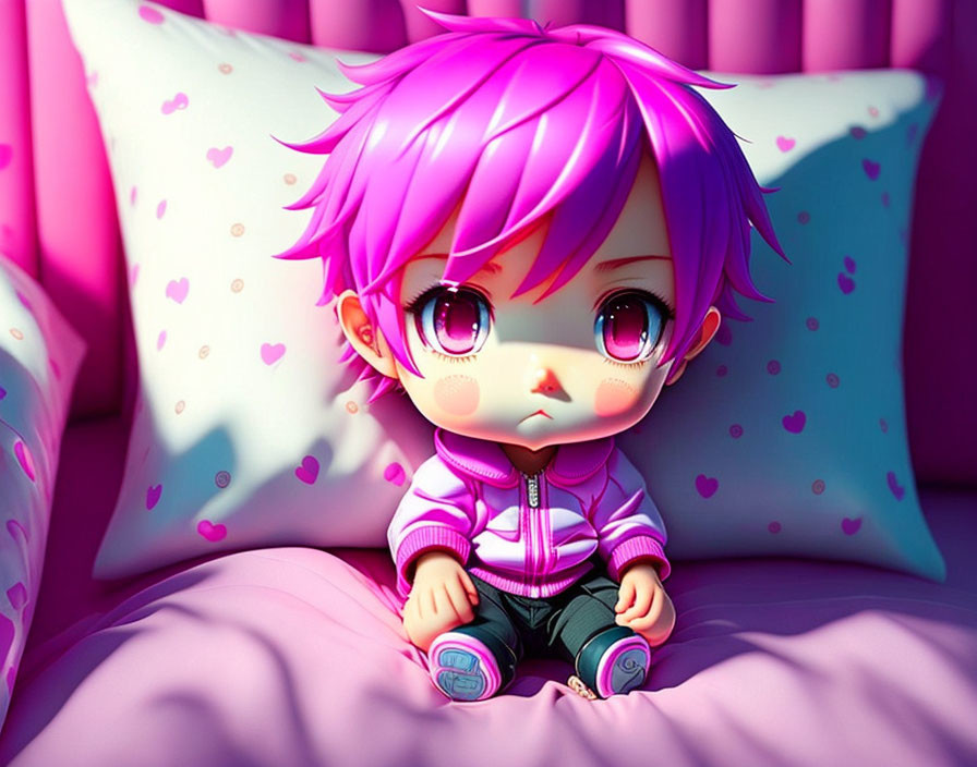 Anime-style child with pink hair on pink bed with heart pillows