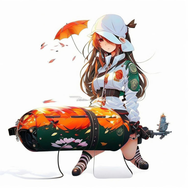 Character with long red hair in cap and jacket holding umbrella and headdress bag with autumn leaves design