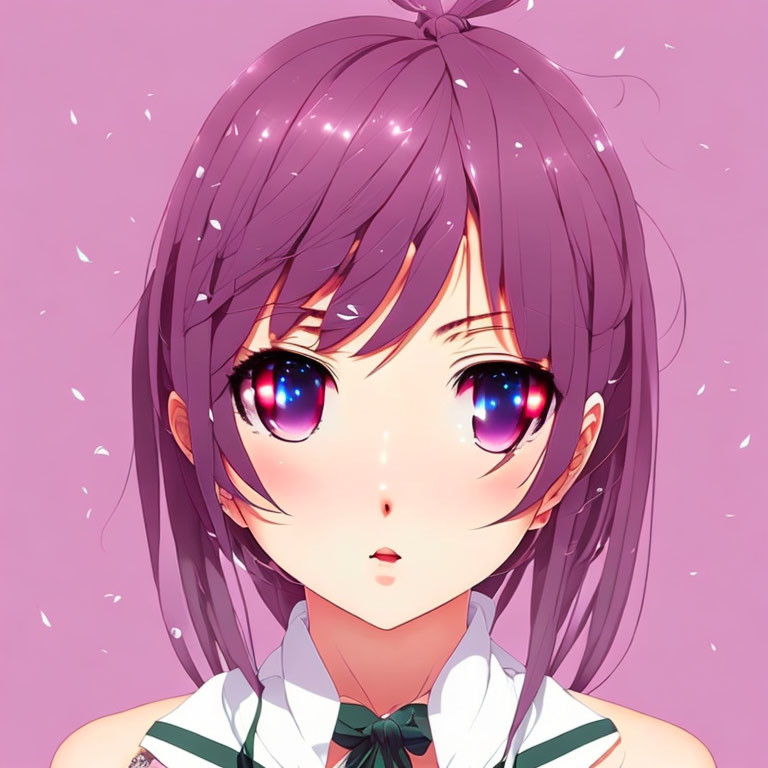 Purple-haired anime girl with large eyes and bow tie on pink background.