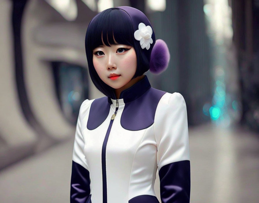 Person with Bob Haircut in Purple and White Outfit in Futuristic Corridor