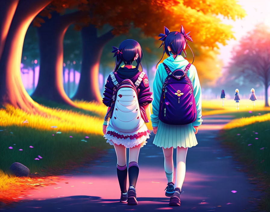 Two animated girls walking on tree-lined path at colorful sunset