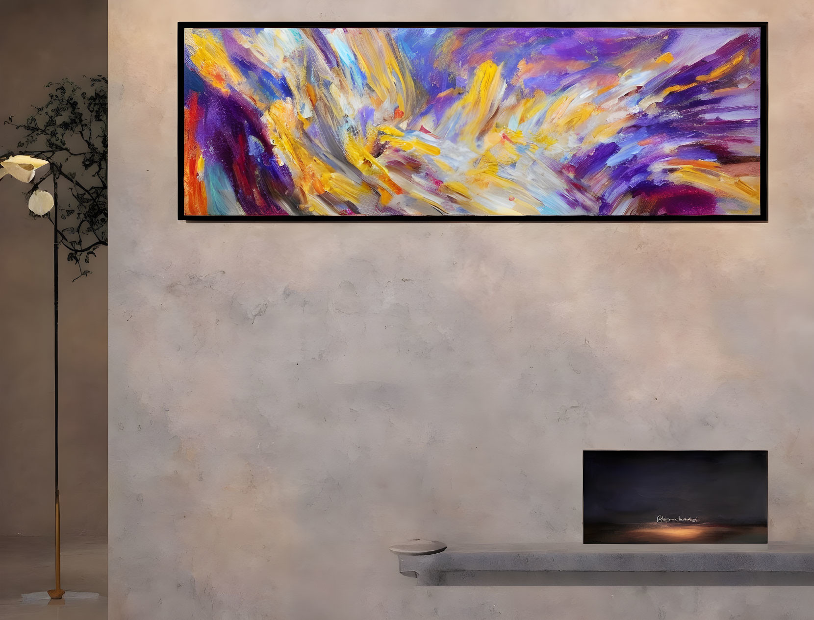 Abstract colorful painting above dark TV console in modern living room