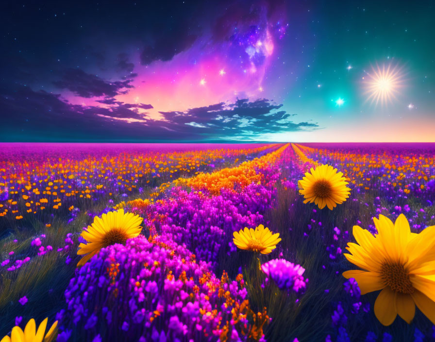 Colorful field of flowers under sunset sky transitioning to starry night with bright celestial body