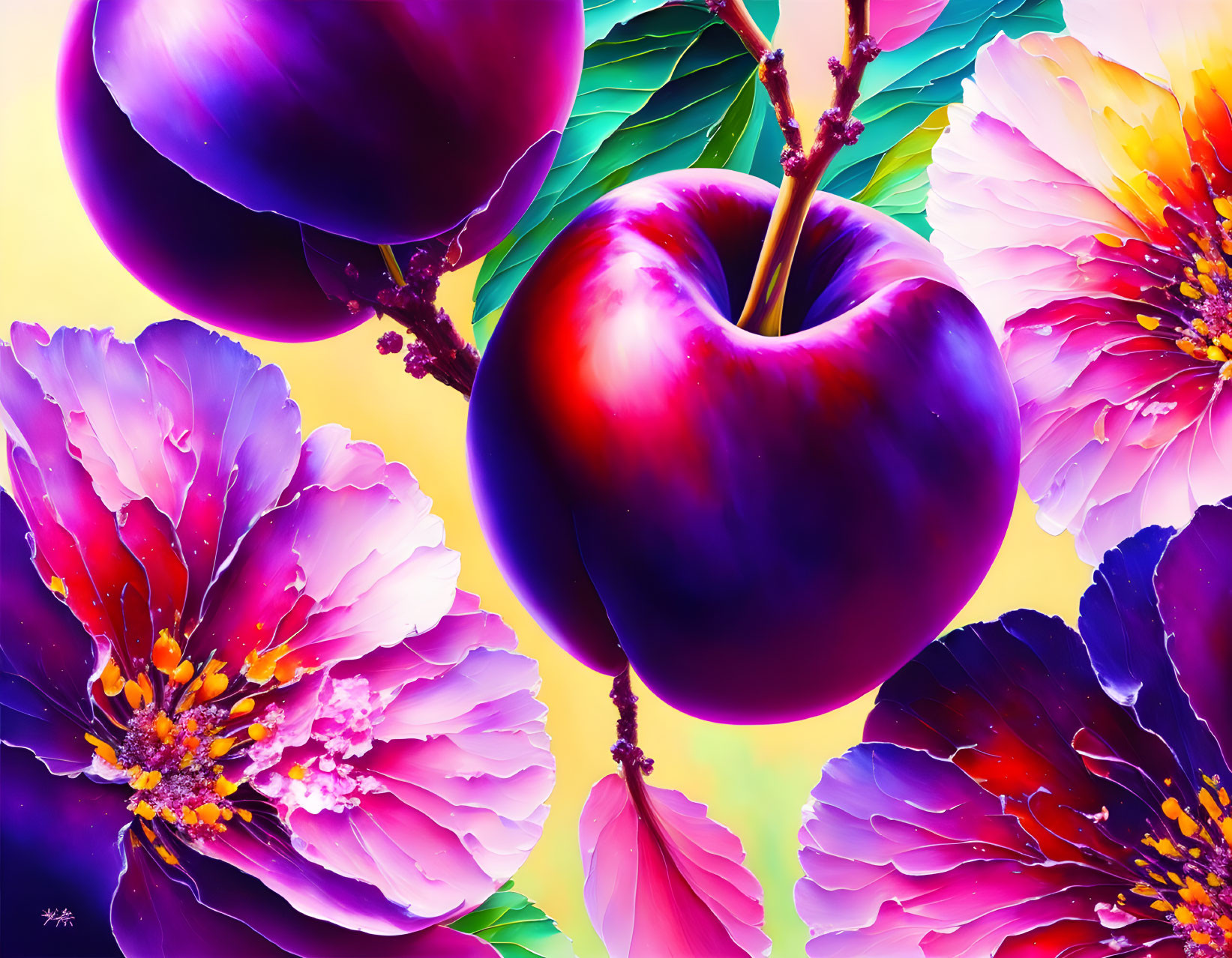 Colorful digital artwork: Red apple, purple and pink flowers on yellow background