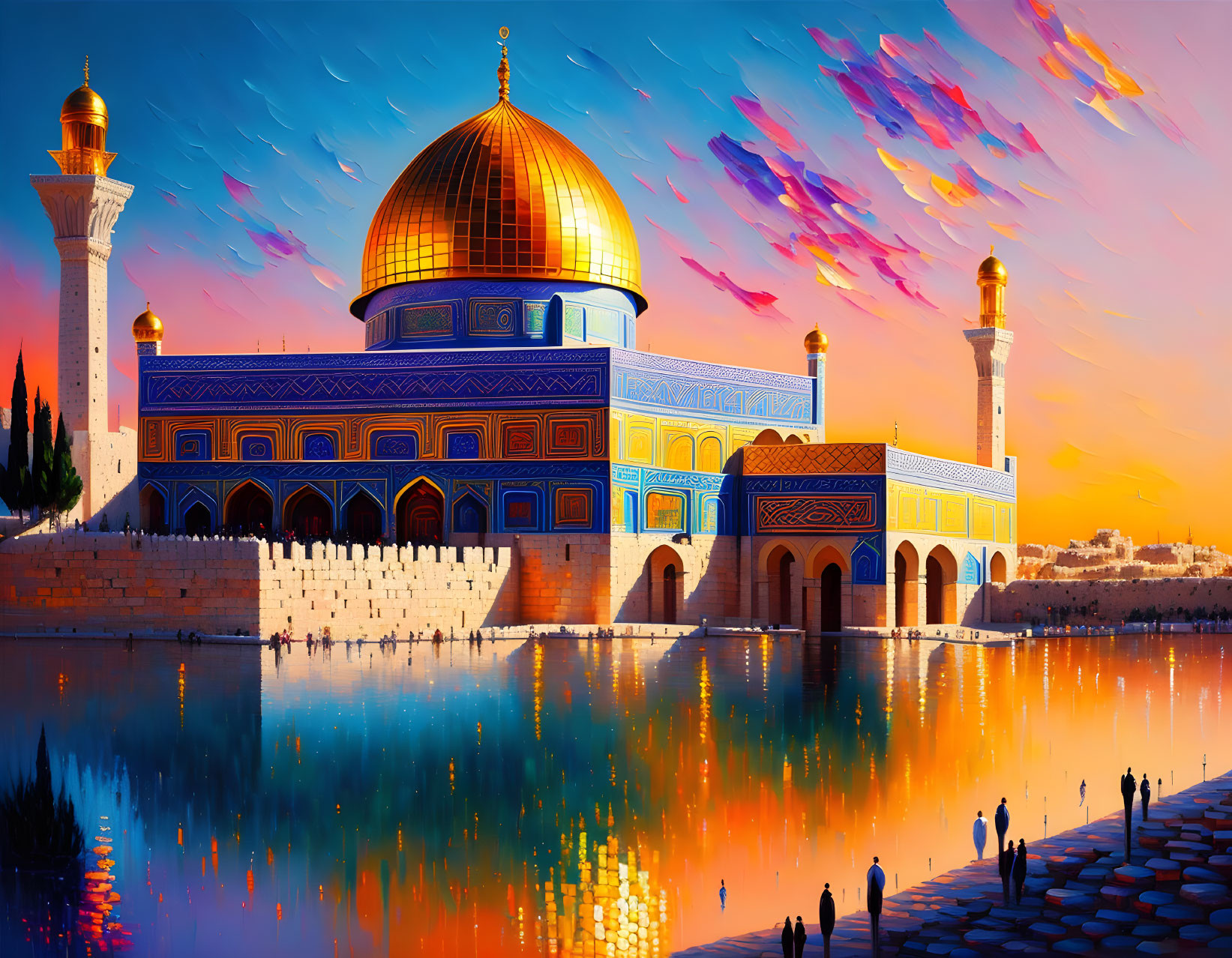 Vivid sunset reflection on water with silhouetted figures by domed mosque and intricate blue patterns