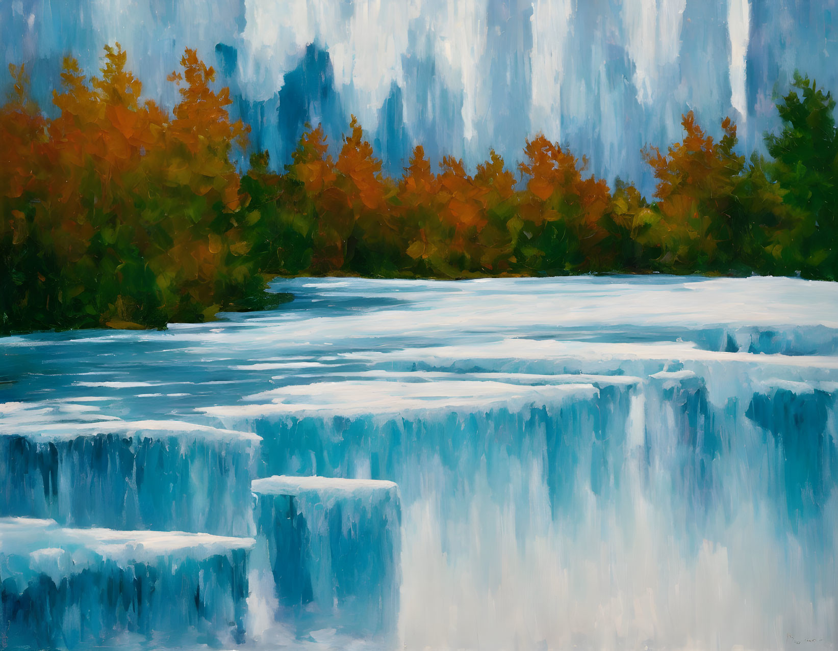 Vibrant autumn waterfall painting with impressionistic style