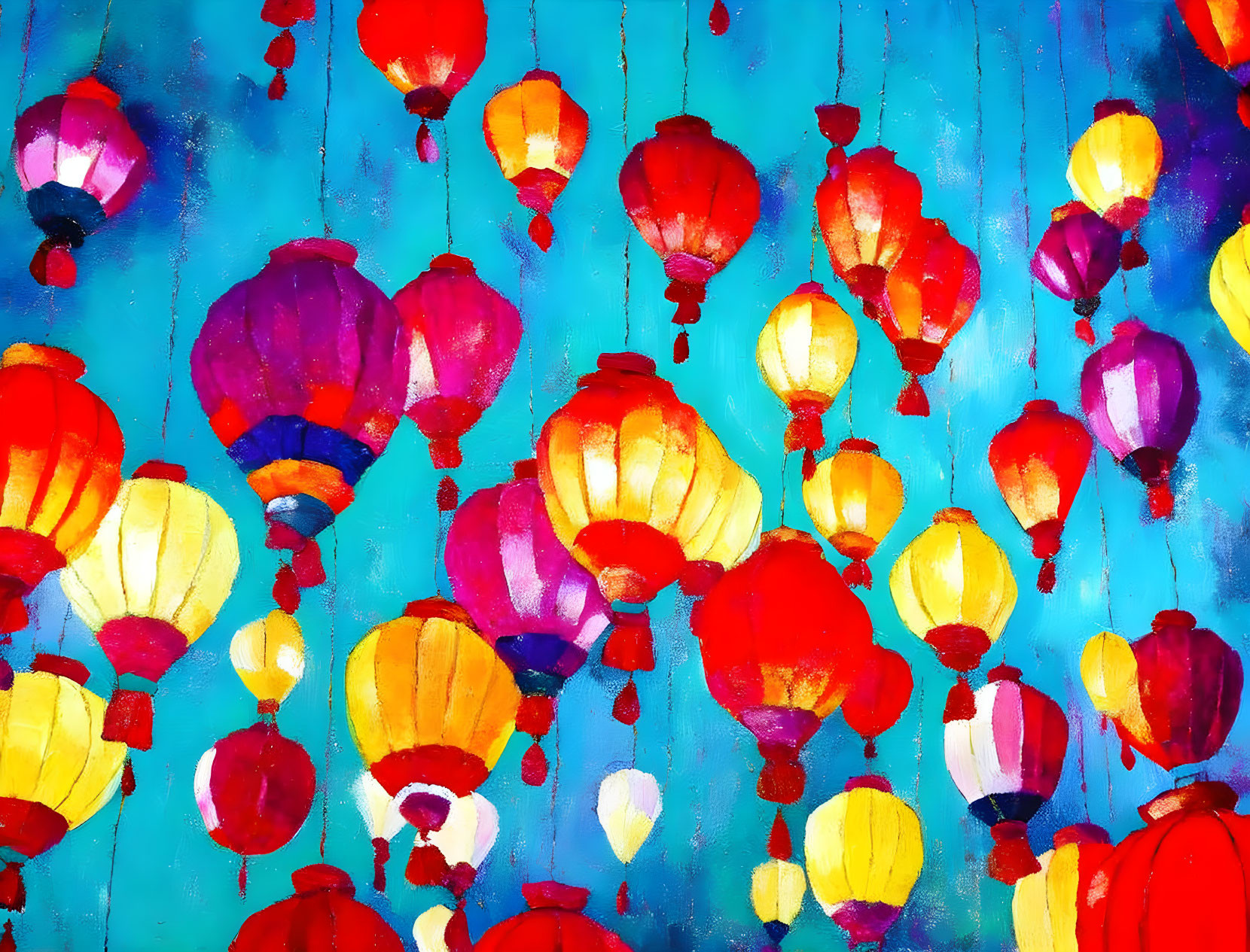 Vibrant Lanterns Painting on Blue Background