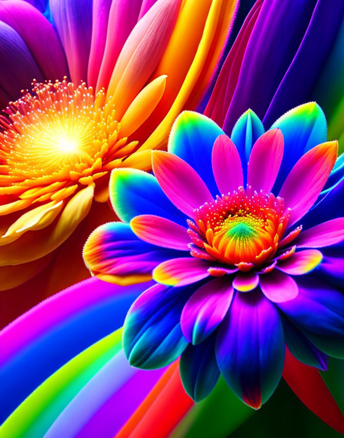 Colorful digitally enhanced flowers on rainbow gradient background