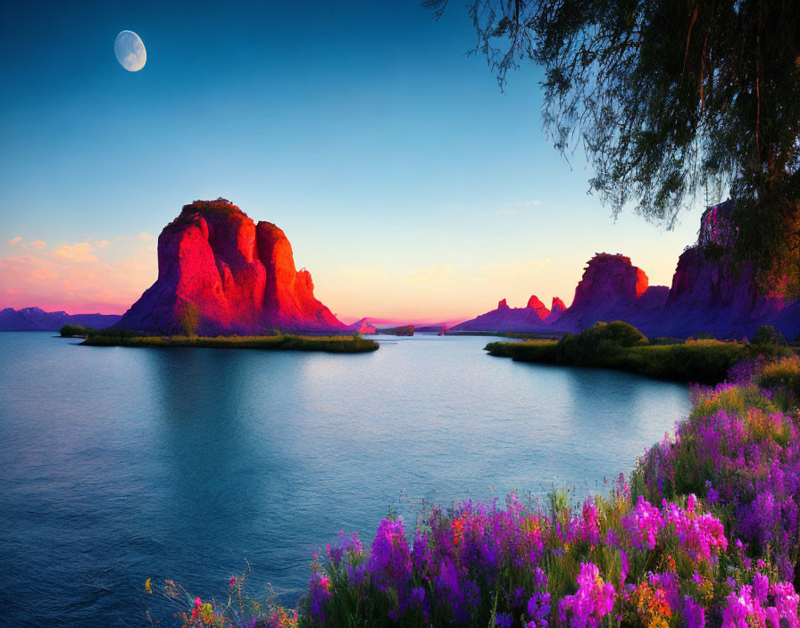 Tranquil seascape at twilight with full moon, purple wildflowers, and rocky islands