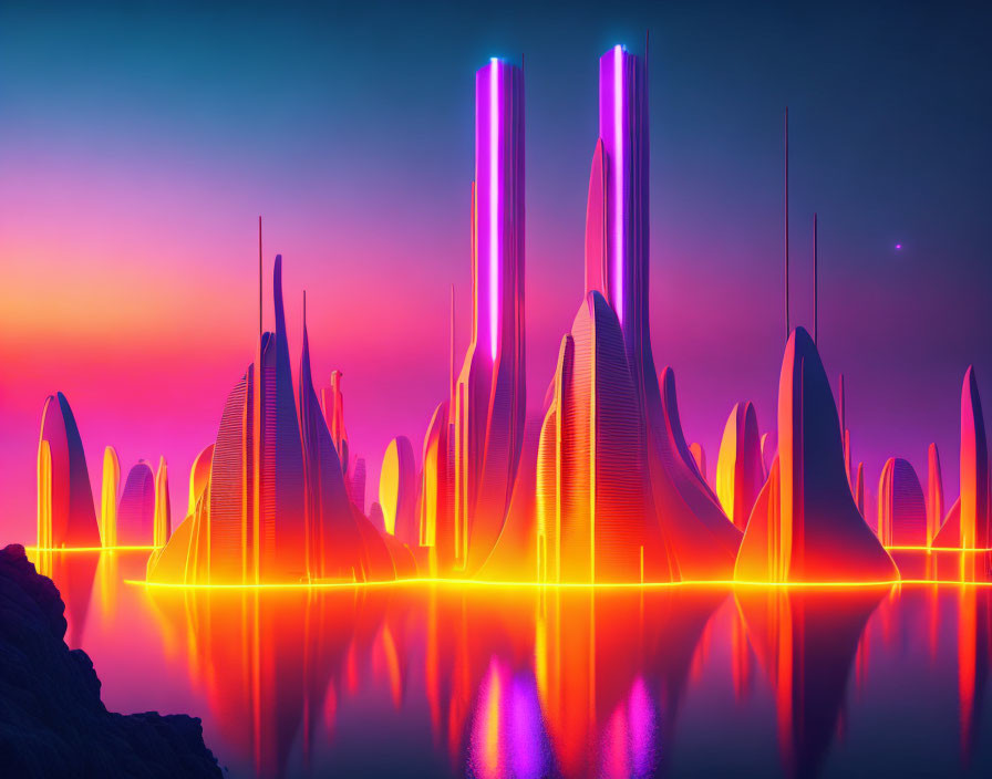 Futuristic cityscape with neon lights and skyscrapers at dusk