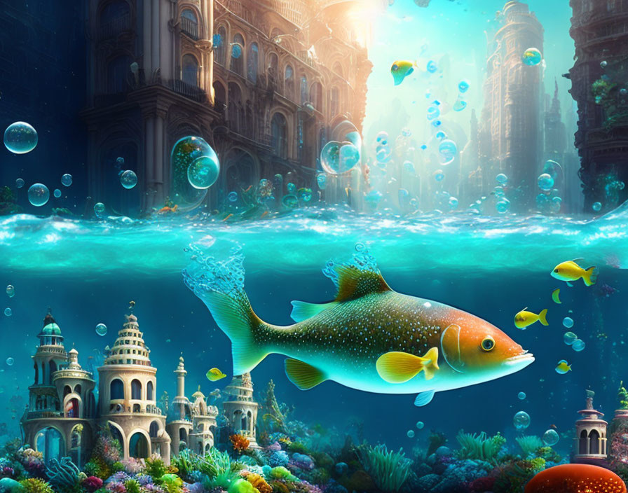 Vibrant underwater scene with ornate buildings, coral reefs, fish, and bubbles