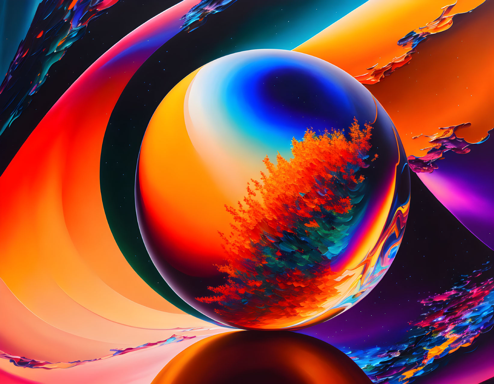 Colorful abstract image with glossy orb and flowing shapes