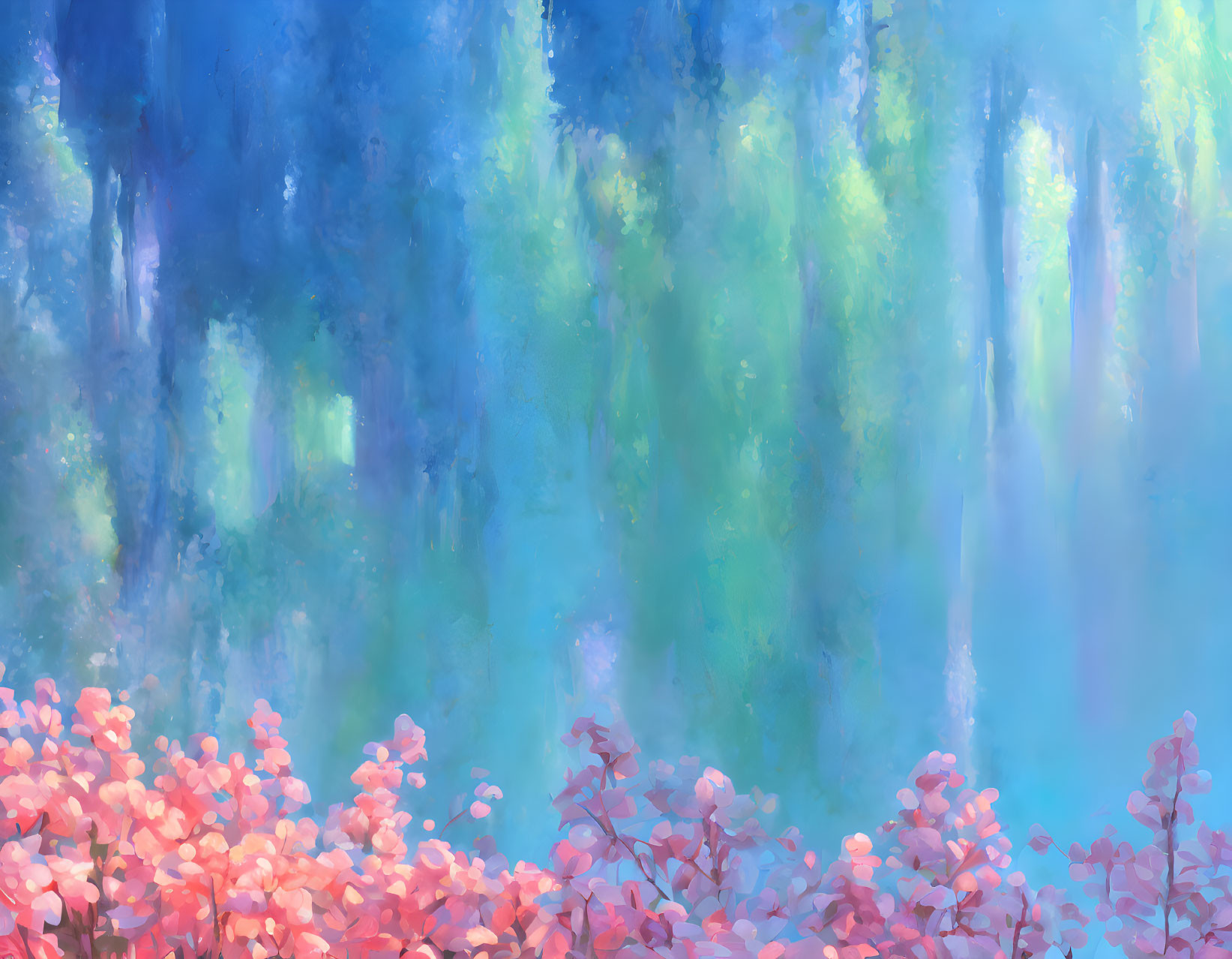 Impressionist-style forest painting with light and pink flowers