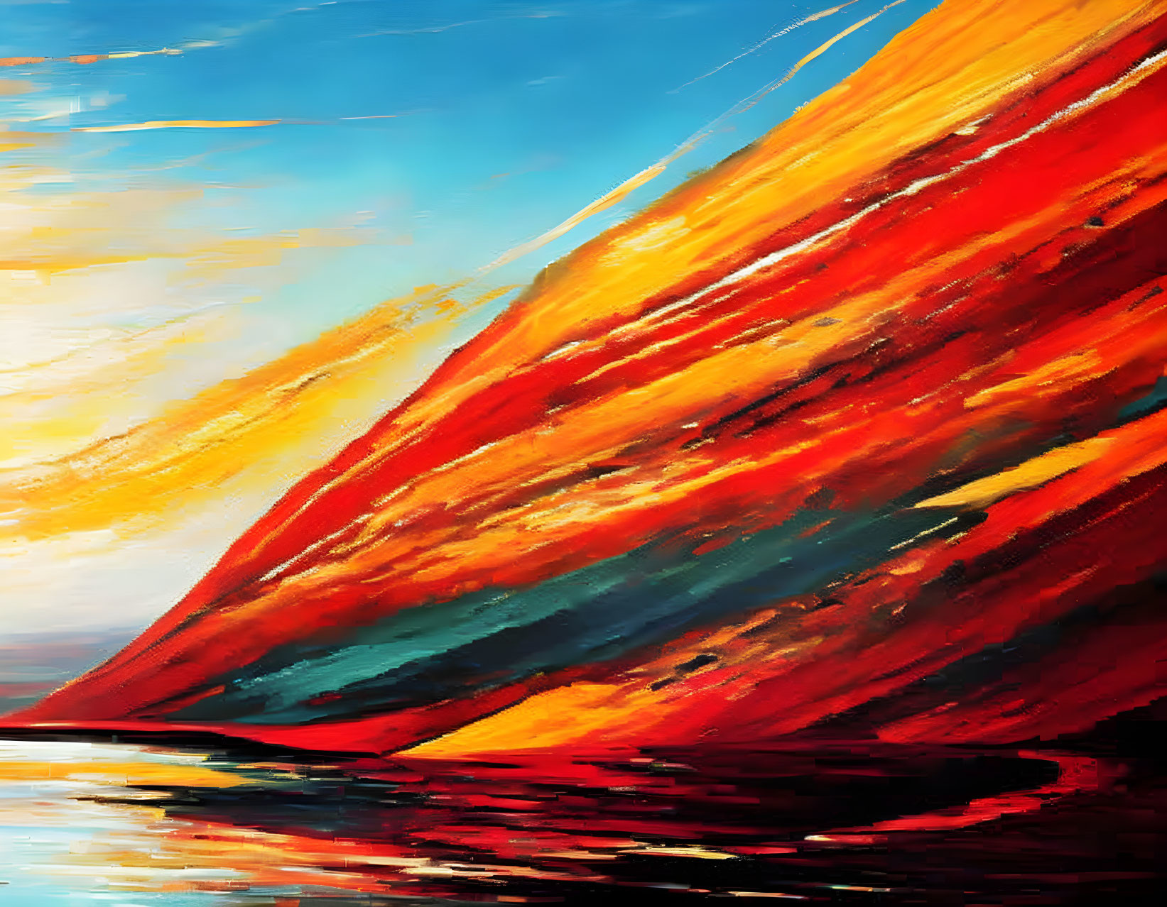 Colorful Abstract Painting: Red, Orange, Yellow Strokes Reflecting Fiery Sunset