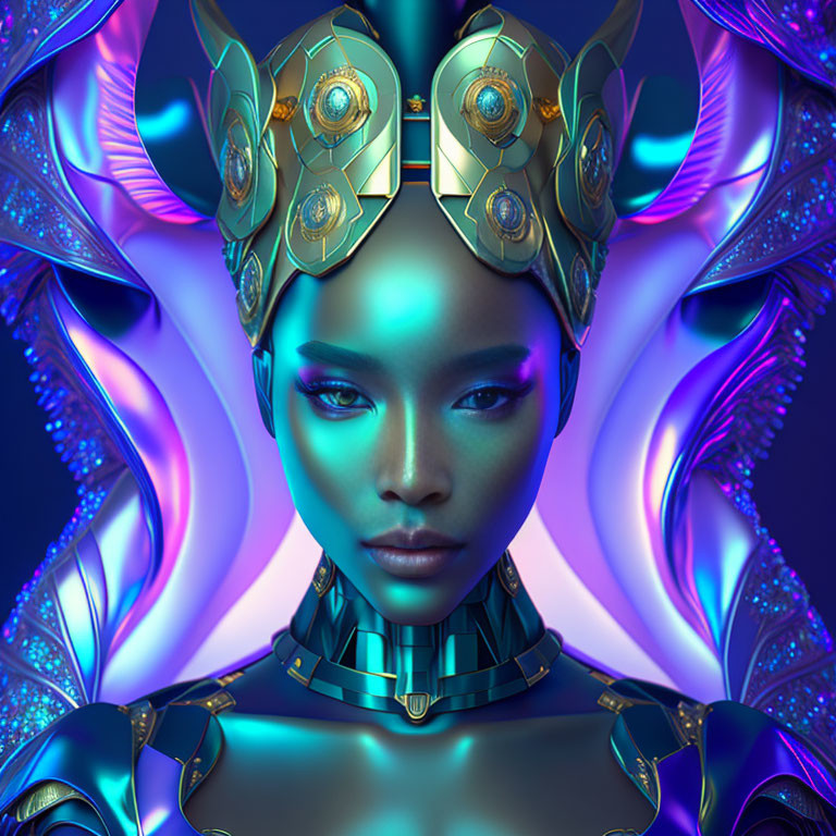 Digital Art Portrait of Woman in Blue and Gold Headpiece and Armor