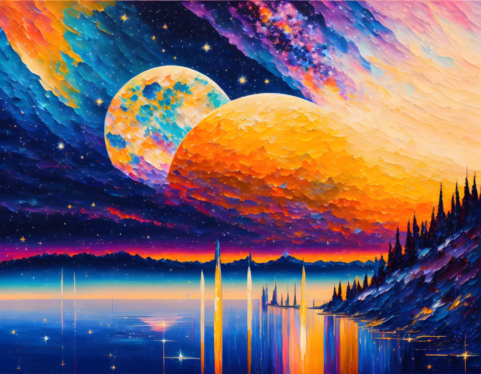 Landscape painting: Two moons, glittering lake, pine trees, star-filled sky