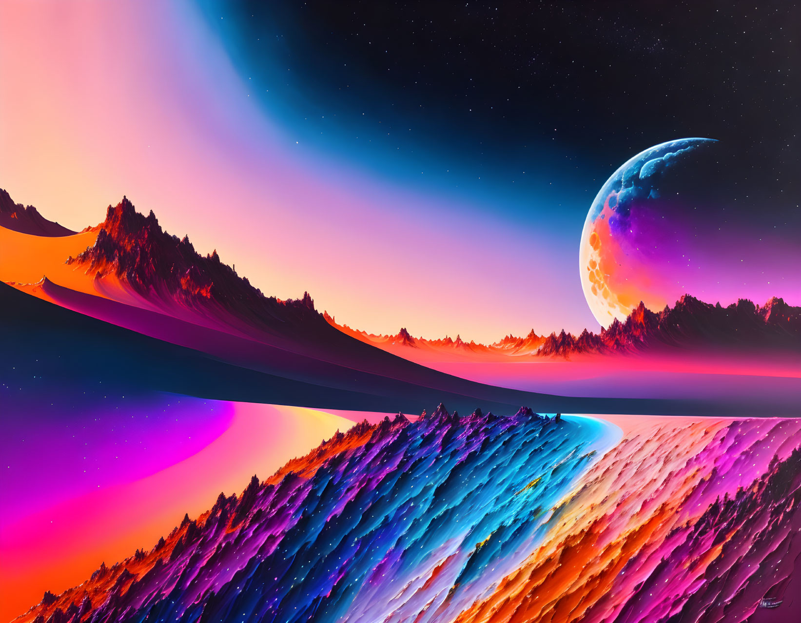 Colorful Mountain Ranges in Surreal Landscape with Oversized Moon