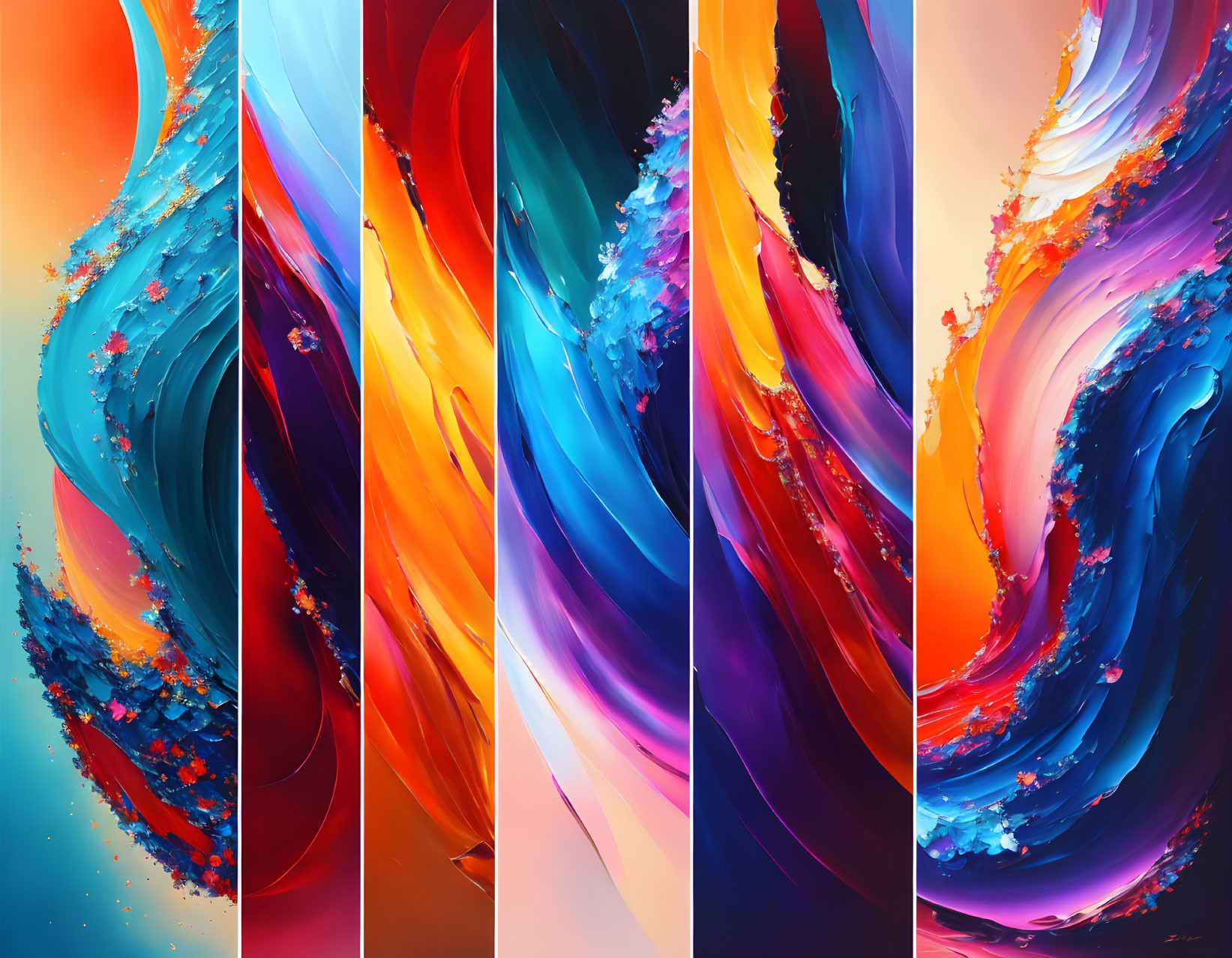 Colorful Abstract Artwork: Blue, Orange, and Crimson Swirls with Floral Elements on Multi